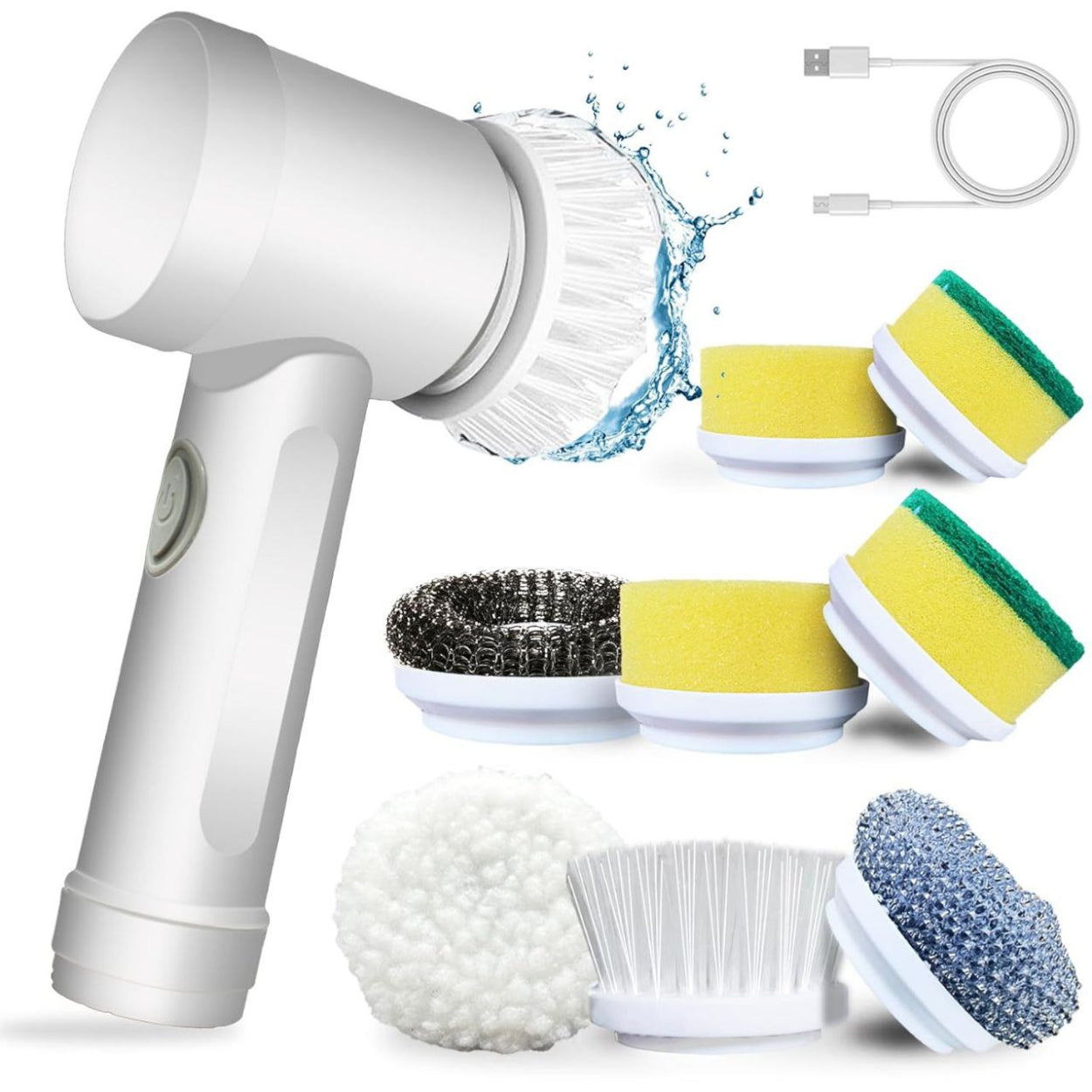 White handheld cleaning brush with various attachments on a white background